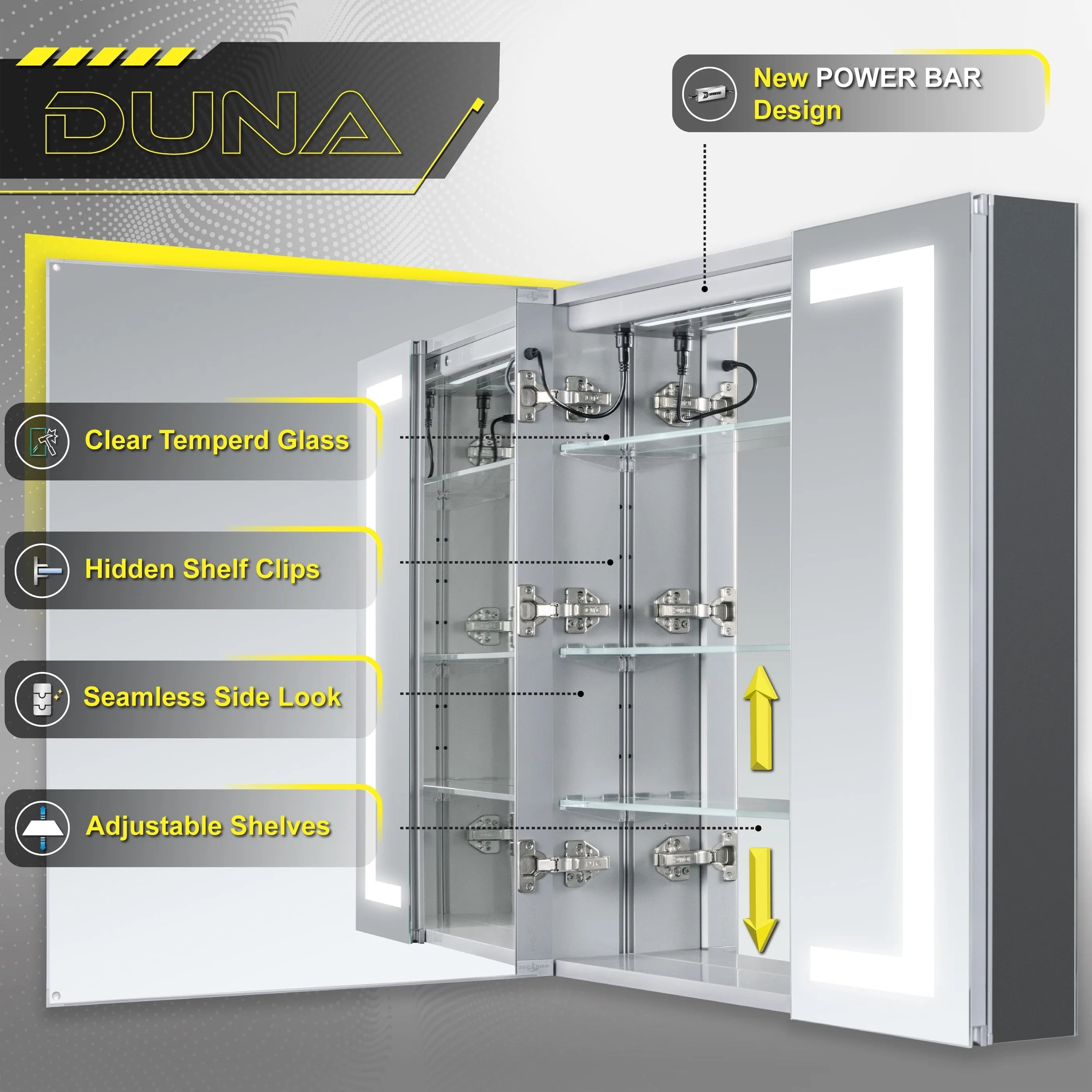 DECADOM LED Mirror Medicine Cabinet Recessed or Surface, Dimmer, Clock, Room Temp Display, Dual Outlets Duna 30x32